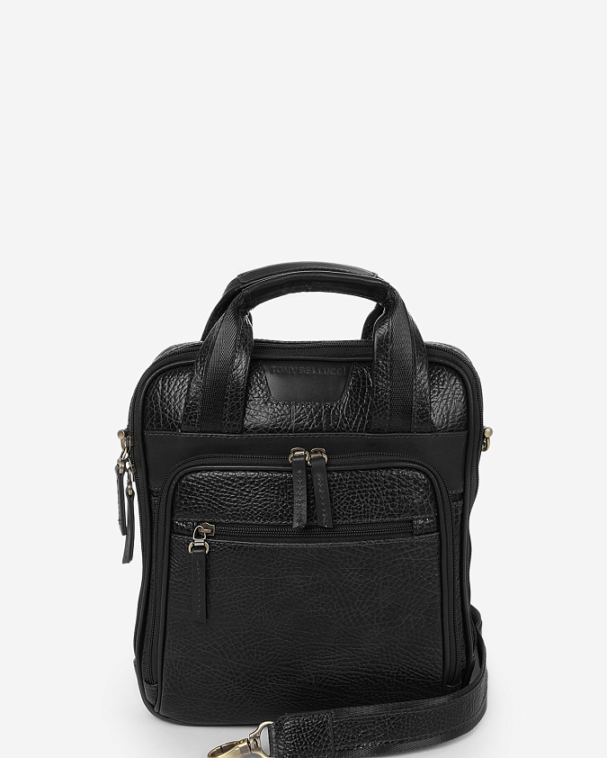 Сумка мужская от бренда Tony Bellucci c двумя ручками и длинным ремнем через плечо в черном цвете