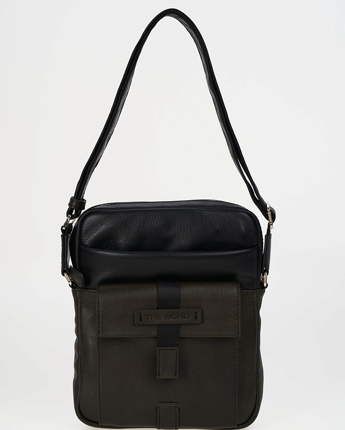 Сумка мужская от бренда BOND через плечо натуральная кожа комбинированная с оливковым цветом